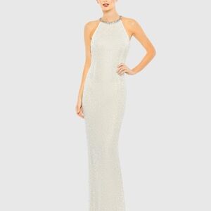 NWT Mac Duggal White Beaded Sleeveless High Neck Column Gown